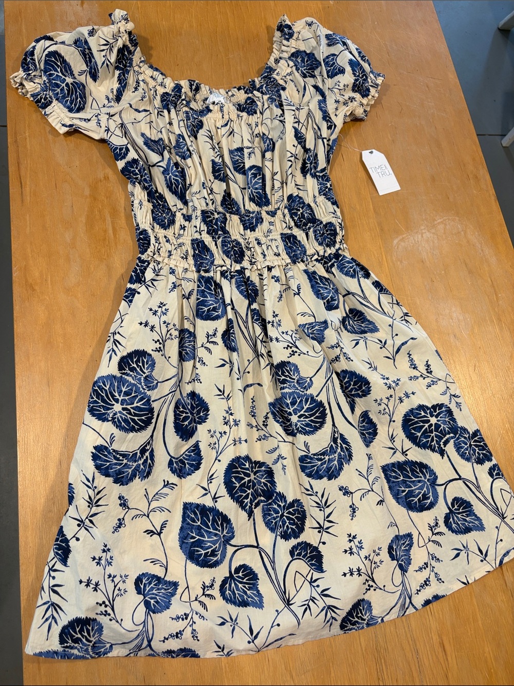 Time and Tru Cream Dress with Navy Floral Print